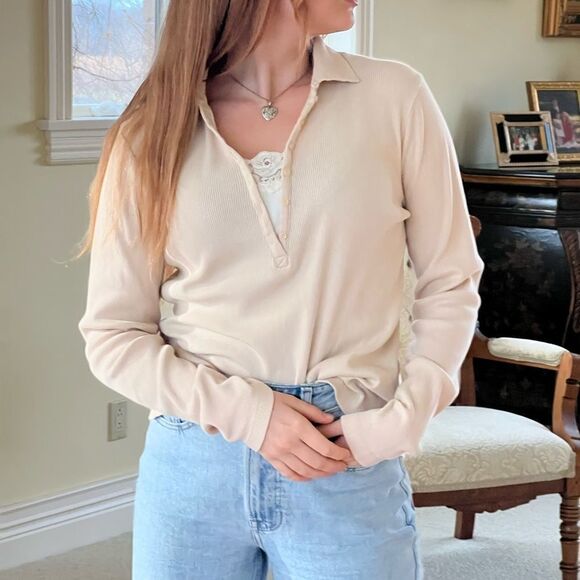 Long sleeve tan 3/4 button up Henley, vintage size large - Picture 1 of 8